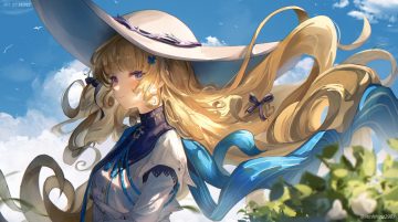 blonde hair bow close clouds flowers hat leaves long hair minz (minh nguyen) phoebe (wuthering waves) purple eyes sky watermark wuthering waves