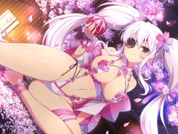 ball bikini bow cherry blossoms eyepatch flowers gloves japanese clothes long hair navel petals red eyes senran kagura swimsuit twintails white hair yaegashi nan yagyuu (senran kagura)
