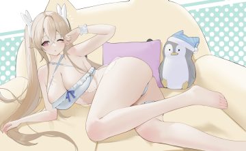 anchorage (azur lane) annlee anthropomorphism ass azur lane barefoot blush bow breasts brown hair cleavage couch garter long hair pink eyes see through twintails wink wristwear