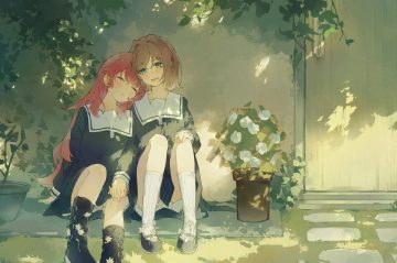 2girls aqua eyes bai-hyacinth blush boots brown hair dress flowers grass kagari mimi kimi ga shinu made koi wo shitai kneehighs leaves long hair pink hair school uniform shade short hair shoujo ai sleeping totsuki shiina
