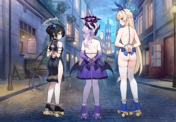 animal ears ass asuma toki black hair blonde hair blue archive blue eyes blush bondage bow braids building bunny ears bunnygirl chain chinese clothes chinese dress city clouds collar dress gloves gray hair halo headband horns leotard long hair moon necklace neet cangshu night pantyhose rope ryuuge kisaki shackles sky sorasaki hina thighhighs wings