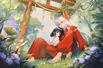 animal ears baozaifan meiyouzai barefoot black hair brown eyes flowers grass inuyasha inuyasha (character) japanese clothes kikyou (inuyasha) leaves long hair male miko necklace torii tree white hair yellow eyes