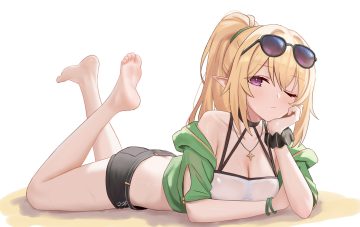barefoot blonde hair blush breasts choker cleavage fanteam hood kuroe hanako long hair necklace no bra pointed ears ponytail princess connect! purple eyes see through shorts sunglasses wet white wink wristwear
