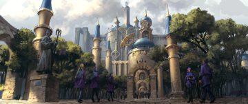 black hair blonde hair book braids building cape clouds dark skin group headdress long hair noba original scenic sky tree twintails uniform watermark