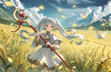 animal baozaifan meiyouzai bird cape clouds dress frieren grass gray hair green eyes long hair pointed ears scenic sky sousou no frieren staff twintails