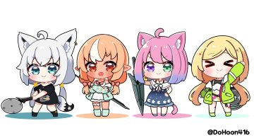 aki rosenthal animal ears aqua eyes bicolored eyes blonde hair blush bow catgirl chibi crossover dark skin dohoon dress foxgirl garter gray hair group himemori luna hololive long hair monster hunter monster hunter wilds necklace orange hair pink hair pointed ears red eyes shirakami fubuki shiranui flare short hair socks sword tail twintails watermark weapon white