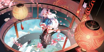 aliasing blush chinese clothes clouds dragon dress flowers horns loli long hair original petals red eyes sky white hair zhcx7832