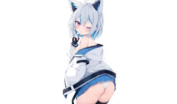 animal ears ass blush breasts garter gloves gray hair nibiiro shizuka original panties purple eyes short hair skirt skirt lift third-party edit underwear white wink