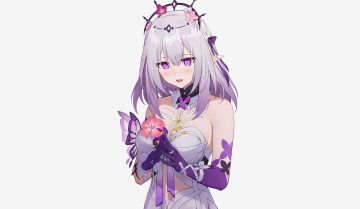 auui blush bow castorice (honkai: star rail) choker elbow gloves gloves headdress honkai (series) honkai: star rail pointed ears purple eyes purple hair ribbons third-party edit white
