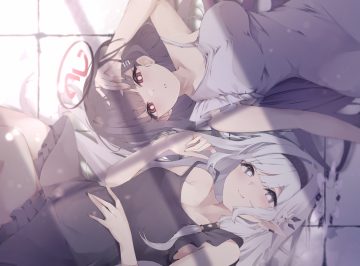 2girls akeboshi himari black hair blue archive blush breasts cleavage dress gray eyes gray hair halo headband hojiro same long hair no bra pointed ears red eyes tsukatsuki rio
