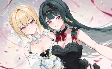 2girls astra yao black hair blonde hair blush bow choker evelyn chevalier flowers gurami (zangizarang) headband long hair petals purple eyes red eyes ribbons short hair zenless zone zero