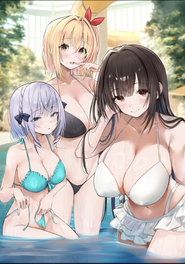 mappaninatta te ni ireta saimin app de yume no harem seikatsu wo okuritai agatsuma saika aisaka matsuri honma emu bikini swimsuits thong undressing wet