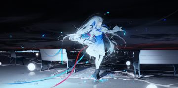 beach boots clouds dress gray eyes gray hair isekaijoucho kamitsubaki studio long hair night nyansky petals polychromatic signed sky water