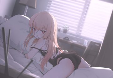 anthropomorphism ass bed blonde hair blush cameltoe domado girls frontline glasses loli long hair panties red eyes see through spread legs type 80 (girls frontline) underwear