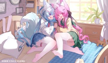 2girls animal ears bed blue hair book bow garter hood loli long hair ningmeng jing jing jing jing original panties pantyhose pink eyes pink hair purple eyes school uniform skirt striped panties tail thighhighs underwear upskirt watermark