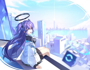 blue archive blue eyes blush building city clouds halo hayase yuuka long hair purple hair sakanafish school uniform skirt sky twintails water