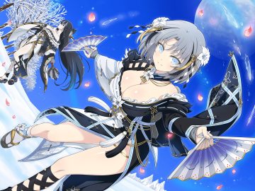 2girls black eyes black hair blue eyes breast hold breasts cleavage fan fubuki (senran kagura) gray hair long hair moon no bra petals senran kagura short hair sky snow socks tree yaegashi nan yumi (senran kagura)
