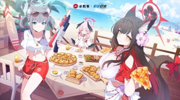 animal ears aqua eyes beach bikini black hair blue archive blush bow breasts cake choker cleavage clouds crossover drink flat chest food foxgirl garter gray hair gun halo kosaka wakamo long hair navel necklace pink hair pizza pizza hut shimoe koharu short hair shorts sky sunaookami shiroko sunglasses swimsuit tagme (artist) tail twintails water watermark weapon wings wristwear yellow eyes