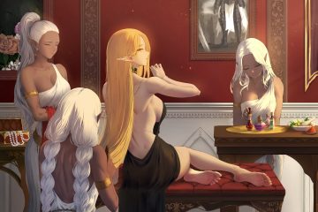 aliasing barefoot blonde hair braids breasts choker cleavage dark skin dress elbow gloves gloves group limeblock long hair original pointed ears ponytail sideboob twintails white hair yellow eyes
