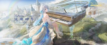 bicolored eyes blue eyes bow building clouds dress furina (genshin impact) genshin impact grass gray hair instrument kneehighs long hair piano rainbow see through sky watermark wboss