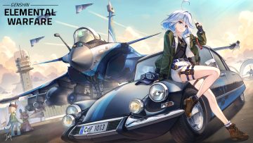 aircraft animal ears baek hyang bicolored eyes blonde hair blue eyes boots car clouds combat vehicle furina (genshin impact) garter genshin impact gloves goggles gray hair hat military purple eyes red eyes short hair shorts signed sky tail