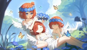 barefoot blindfold blue eyes braids butterfly clouds dress flat chest flowers grass headdress honkai (series) honkai: star rail loli pointed ears ponytail red hair short hair sky summer dress tree trianne (honkai: star rail) tribbie (honkai: star rail) trinnon (honkai: star rail) wings yiran kuxiao