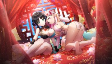 2girls aliasing ass barefoot bed bikini top black hair braids breasts chinese clothes chinese dress cleavage clouds dolphin wave dress eines (dolphin wave) flowers green eyes long hair nacht (dolphin wave) ootomo takuji panties pink eyes pink hair see through short hair skirt sky underwear wristwear
