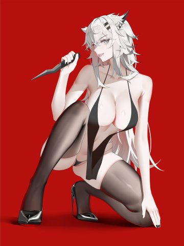 yat (tsmn7245) arknights lappland (arknights) animal ears cameltoe dress heels no bra pantsu thighhighs thong weapon