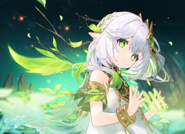 asahikawa hiyori braids dress genshin impact gray hair green green eyes leaves loli magic nahida (genshin impact) pointed ears ponytail watermark wristwear