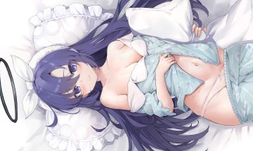 bed blue archive blush breasts cleavage halo hayase yuuka headband long hair navel no bra open shirt pajamas panties purple eyes purple hair shirt underwear yaomiaomiao