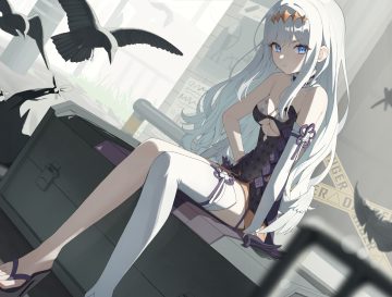 adina savic animal bird blue eyes blush breasts choker cleavage cosplay dress eternal return: black survival feathers gloves hololive long hair suumon thighhighs white hair wings