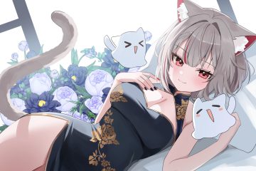 animal ears bed blush breast hold breasts catgirl cat smile chinese clothes chinese dress cleavage dress flowers gray hair nannung neneko mashiro red eyes short hair stellive tail