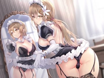 ass breasts brown eyes brown hair cameltoe cleavage elbow gloves flowers garter belt gloves haishiki headdress maid mirror no bra original panties ponytail reflection skirt lift underwear