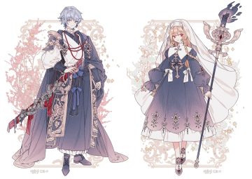 armor blonde hair bow braids cape dress goth-loli gray eyes gray hair headdress japanese clothes katana lemon89h lolita fashion male nun ofuda original red eyes short hair signed staff sword weapon white