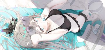 ball barefoot bikini blush bow breasts candy choker drink garter gray eyes gray hair lollipop long hair necklace nei1122 original shade sketch sunglasses swimsuit wristwear