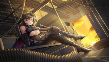 amadea wolfa armor azur lane black hair breasts clouds cosplay crossover dolphin wave elbow gloves garter gloves horns leotard long hair ootomo takuji pantyhose paper skirt sky sunset tail underboob wings wristwear yellow eyes