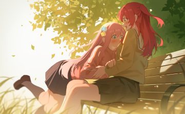 2girls aqua eyes blush bocchi the rock! gotou hitori grass kita ikuyo kneehighs leaves long hair milktea (gggrrr2000) pink hair ponytail red hair school uniform shirt shoujo ai skirt tree yellow eyes