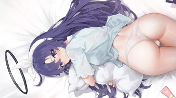 ass bed blue archive blush cameltoe halo hayase yuuka headband long hair pajamas panties purple eyes purple hair shirt underwear yaomiaomiao