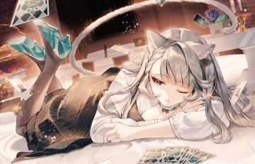 animal ears braids breasts catgirl choker cleavage dress genshin impact gray hair long hair lynette (genshin impact) ohuton inu pantyhose purple eyes tail wink