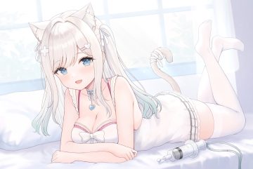 aliasing animal ears bed blue eyes bow breast hold breasts catgirl choker cleavage dress itome runa kiri frog long hair tail thighhighs twintails white hair zettai ryouiki