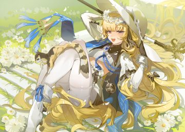 ass blonde hair boots bow flowers gloves grass hat headdress long hair pantyhose phoebe (wuthering waves) purple eyes scarf shuishi tidu skirt staff upskirt wuthering waves