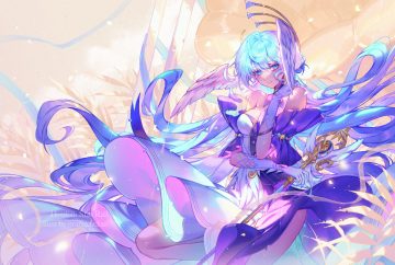 aqua eyes aqua hair dress elbow gloves gloves halo honkai (series) honkai: star rail long hair microphone orangesekaii robin (honkai: star rail) watermark wings