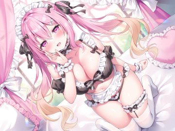 bed blush bow breasts cleavage garter long hair maid navel original panties pink eyes pink hair shiono (0303) thighhighs twintails underwear wristwear
