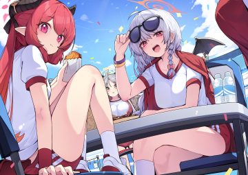 akashi junko bloomers blue archive bow braids cape clouds ddangbi drink fang food gray hair group gym uniform halo horns kurodate haruna long hair pointed ears purple eyes red hair shishidou izumi sky socks sunglasses twintails wings wristwear yellow eyes