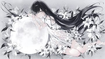 animal barefoot black hair choker dress flowers gray gray eyes long hair moon noah (0noah) nopan original polychromatic see through snake