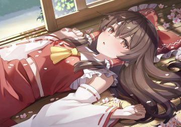 blush bow brown eyes brown hair cherry blossoms flowers hakurei reimu japanese clothes long hair miko navel petals sarashi shade skirt touhou underwear yuuka nonoko