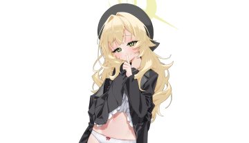 agnamore blonde hair blue archive blush dress green eyes halo hat loli long hair navel panties professor niyaniya (blue archive) skirt lift third-party edit underwear white