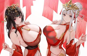 2girls baige0 blush breasts brown hair chinese clothes chinese dress cleavage dress gray eyes gray hair headdress ji chenxing long hair pink eyes snowbreak: containment zone yao (snowbreak)