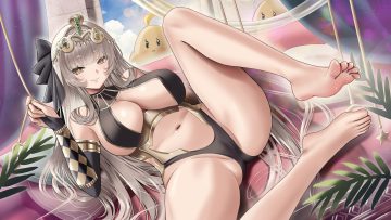 animal anthropomorphism azur lane barefoot bartolomeo colleoni (azur lane) bed bird blush bow breasts brown eyes brown hair buko (bukosuki) cameltoe choker elbow gloves gloves headdress leotard long hair manjuu (azur lane) navel spread legs