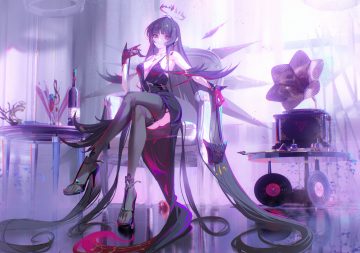 apple arknights black hair breasts cleavage dress drink food fruit garter belt gloves halo long hair necklace purple purple eyes reflection sansan (dongfangzhong111) see through stockings virtuosa (arknights)